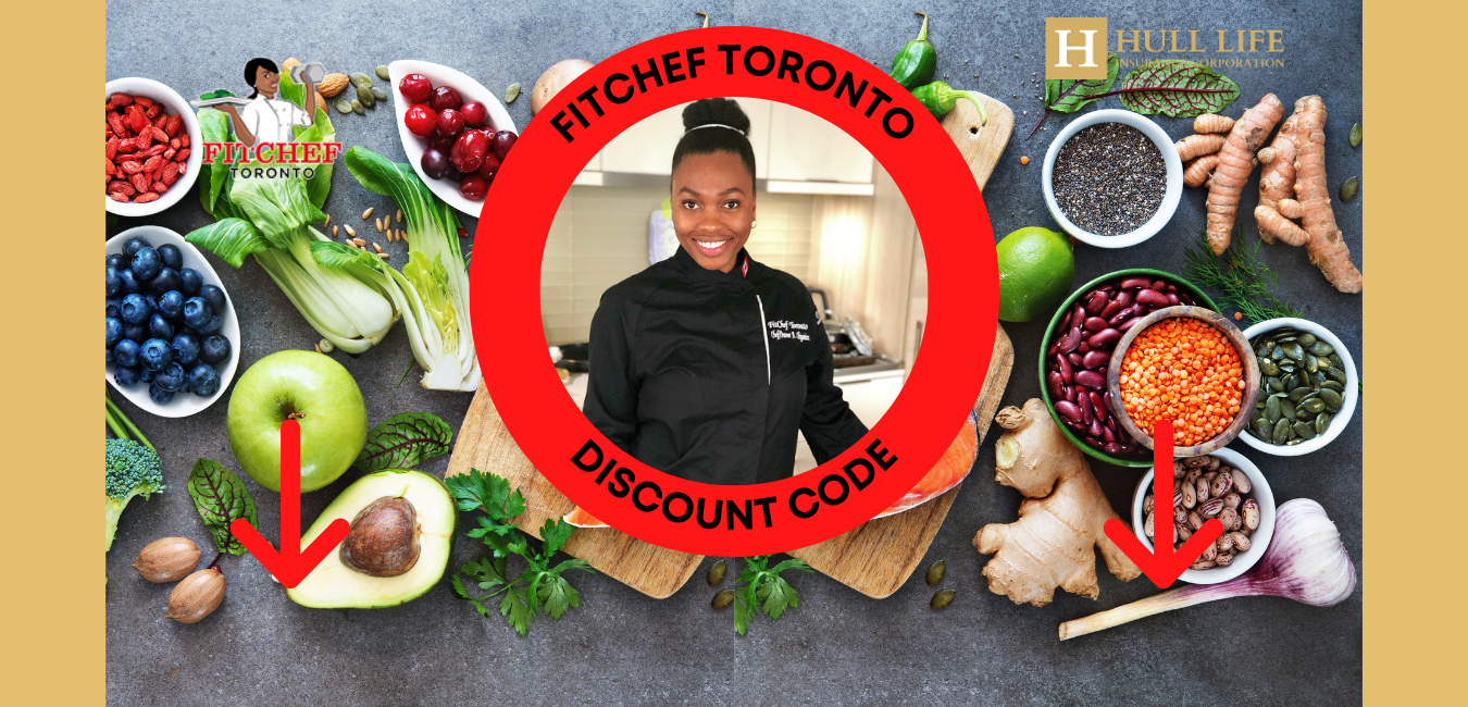 FitChef Toronto Founder Amanda Chigumira within a red circle with some green salads as the backdrop. Orange arrows pointing down